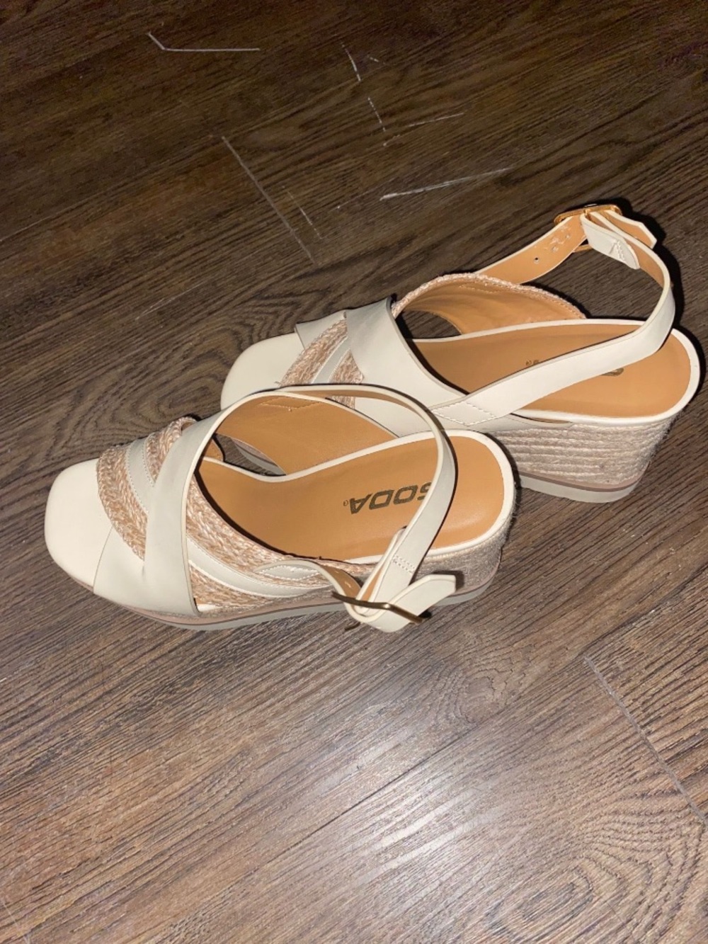 Soda Beige Cream Wedge Sandals with Braided Accents